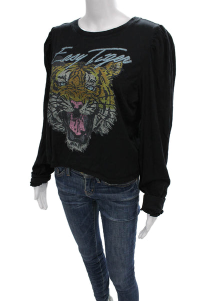 Recycled Karma Women Basic Black Cotton Animal Print Long Sleeve T-Shirt Size M