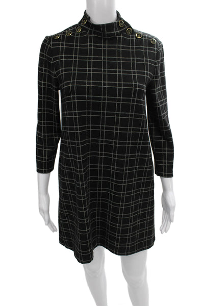 J. Mclaughlin Womens Black Plaid Mock Neck Shift Dress 3/4 Sleeve Size XS