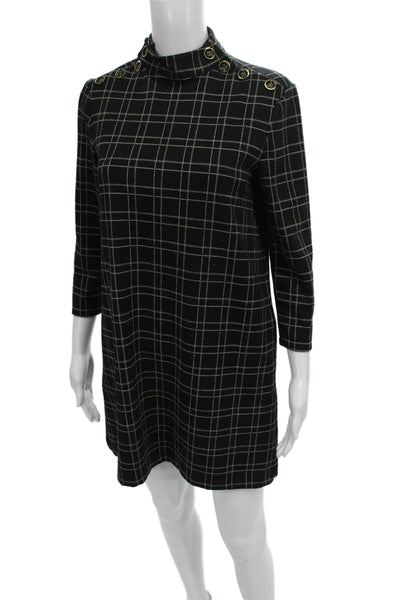 J. Mclaughlin Womens Black Plaid Mock Neck Shift Dress 3/4 Sleeve Size XS