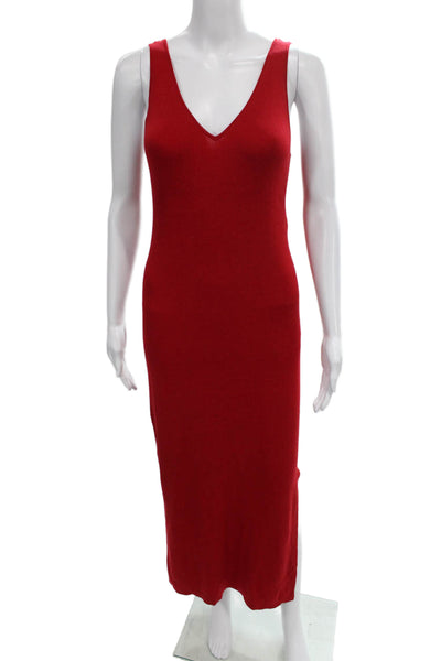 Allude Women Red Virgin Wool V-Neck Sleeveless Maxi Dress Size S