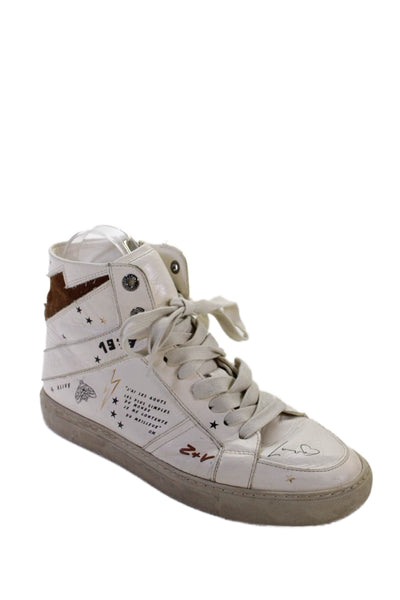 Zadig & Voltaire Womens Side Zip Lace Up Star Graffiti Sneakers White Size 40