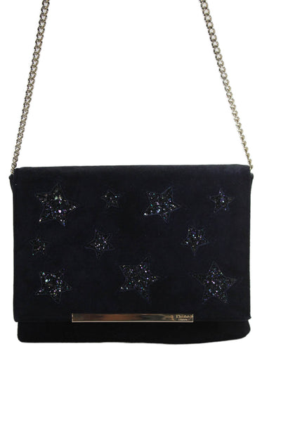 Dune London Womens Suede Glitter Stars Print Shoulder Handbag Navy Blue