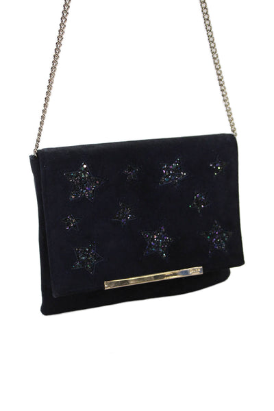 Dune London Womens Suede Glitter Stars Print Shoulder Handbag Navy Blue