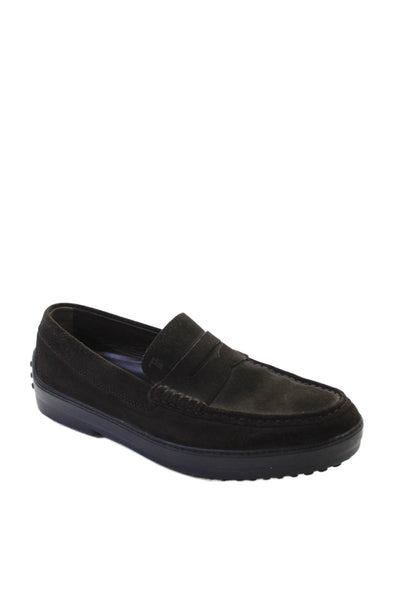 Tods Mens Suede Round Toe Slip On Penny Loafers Brown Size 9