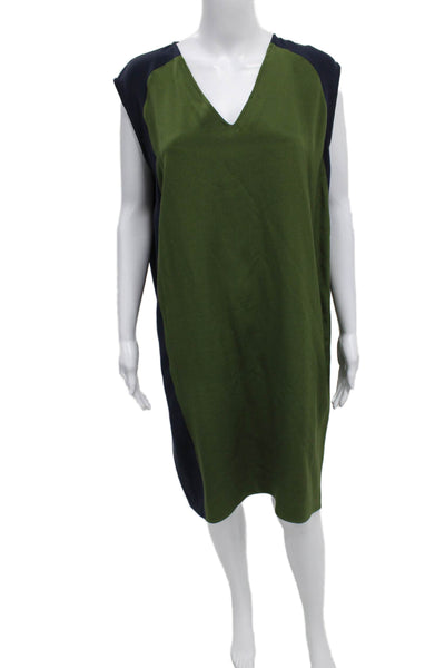 Derek Lam Women Shift Dress Green Silk V-Neck Sleeveless Short Size 12