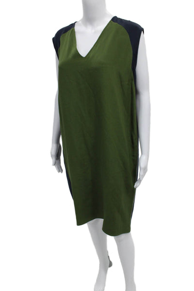 Derek Lam Women Shift Dress Green Silk V-Neck Sleeveless Short Size 12