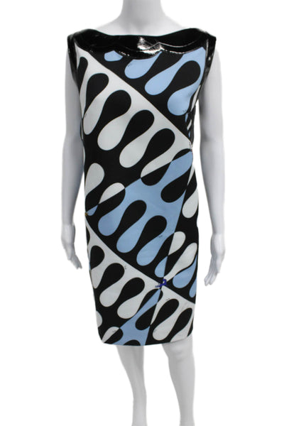 Pucci Women Shift Dress Black Geometric Sleeveless Zip PU Short Size 12