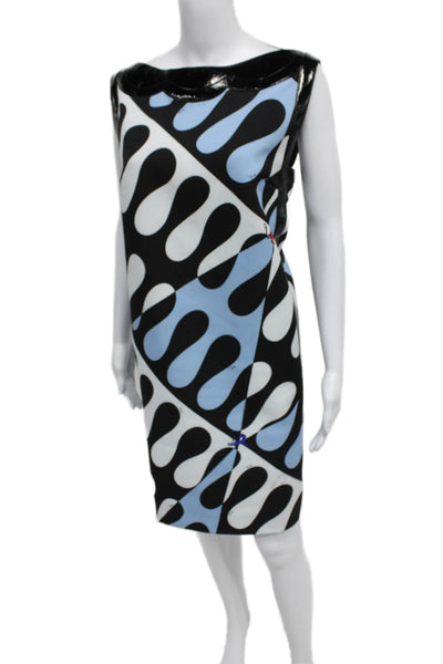 Pucci Women Shift Dress Black Geometric Sleeveless Zip PU Short Size 12