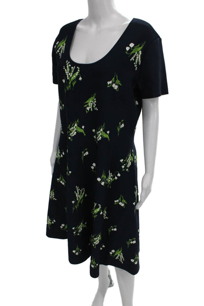 Carolina Herrera Womens Blue A-Line Midi Dress Scoop Neck Short Sleeve Size XL