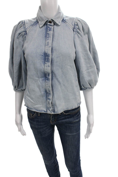 Zara Women Button Down Collared Cotton Blue 3/4 Sleeve Size XS