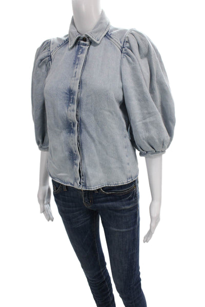 Zara Women Button Down Collared Cotton Blue 3/4 Sleeve Size XS