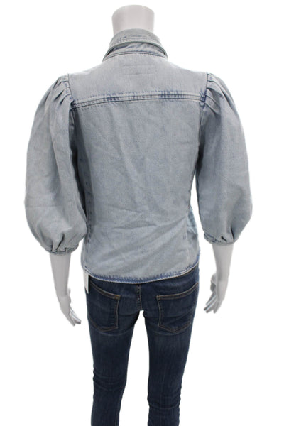 Zara Women Button Down Collared Cotton Blue 3/4 Sleeve Size XS