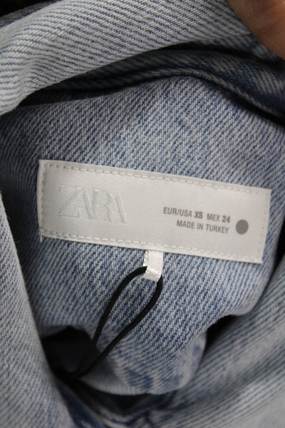 Zara Women Button Down Collared Cotton Blue 3/4 Sleeve Size XS