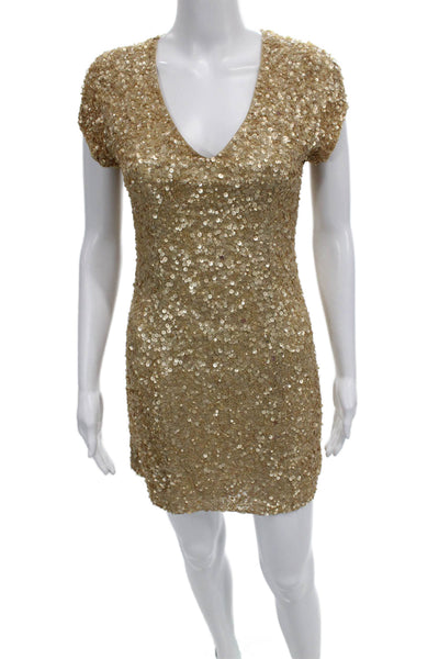 Parker Womens Gold Silk V-Neck Mini Dress Short Sleeve Zip Size XS