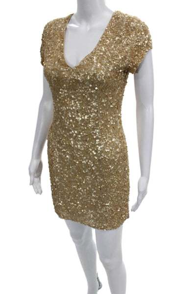 Parker Womens Gold Silk V-Neck Mini Dress Short Sleeve Zip Size XS