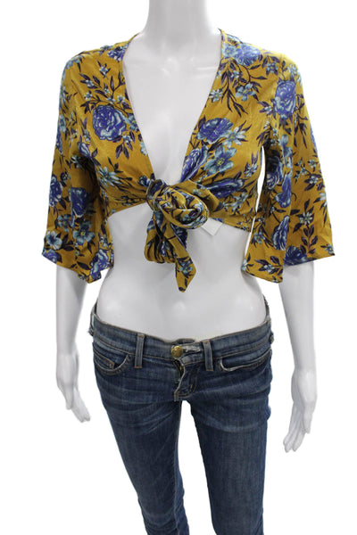 Topshop Women Cropped Blouse Yellow Floral V-Neck 3/4 Sleeve Tie Size 2