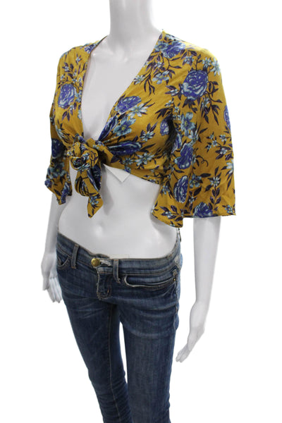Topshop Women Cropped Blouse Yellow Floral V-Neck 3/4 Sleeve Tie Size 2