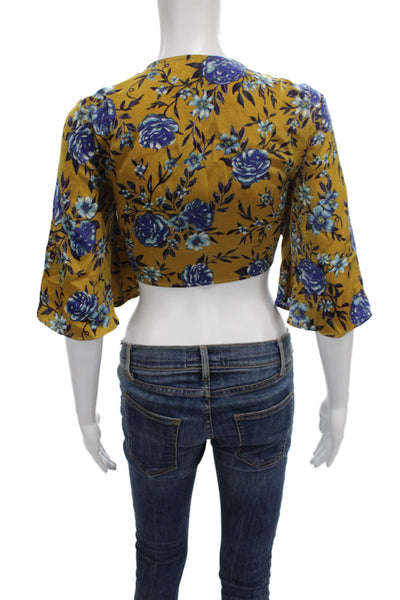 Topshop Women Cropped Blouse Yellow Floral V-Neck 3/4 Sleeve Tie Size 2