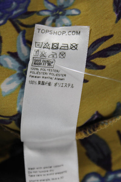 Topshop Women Cropped Blouse Yellow Floral V-Neck 3/4 Sleeve Tie Size 2