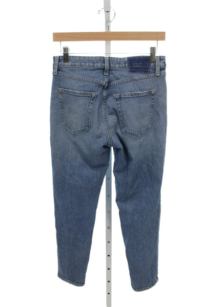 Amo Women Tapered Jeans Blue Cotton High Rise Button Inseam 28 Size 26