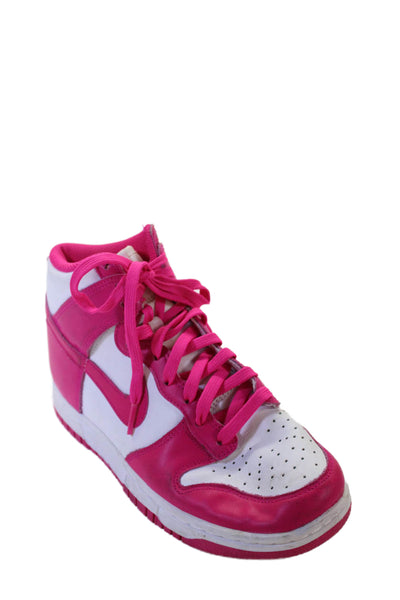 Nike Womens Leather Dunk High "Pink Prime" Sneakers Shoes Pink White Size 7.5