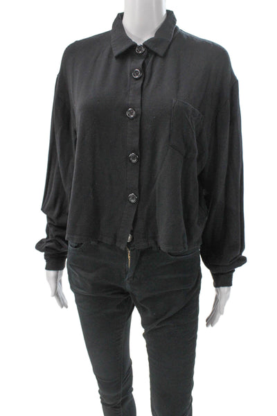 LNA Womens Cropped Collared Button Up Blouse Black Modal Long Sleeve Size L