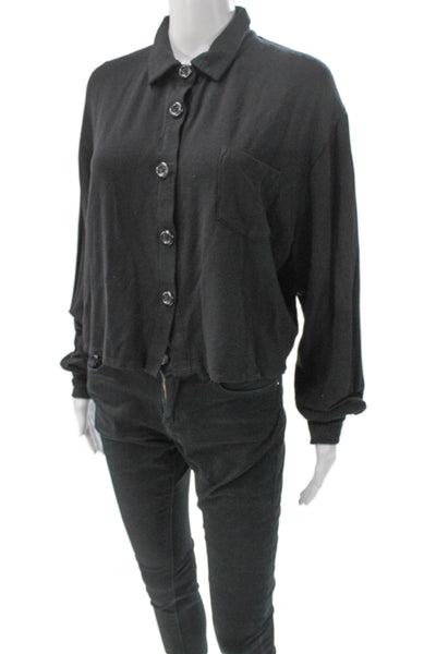 LNA Womens Cropped Collared Button Up Blouse Black Modal Long Sleeve Size L