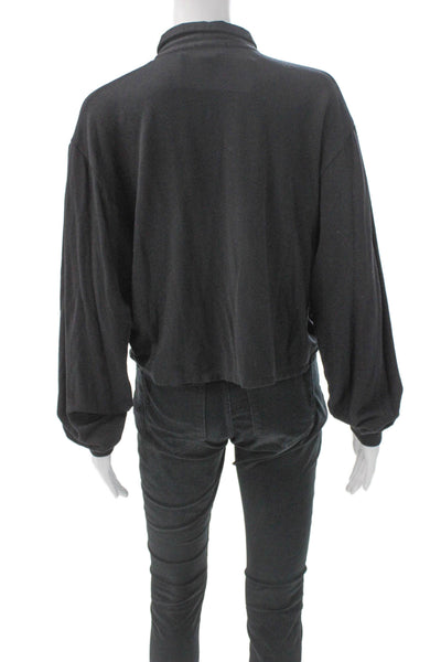 LNA Womens Cropped Collared Button Up Blouse Black Modal Long Sleeve Size L