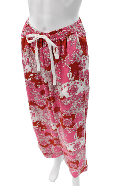 J Crew Women Paisley Polyester Pajama Pants Pink Drawstring Size 10