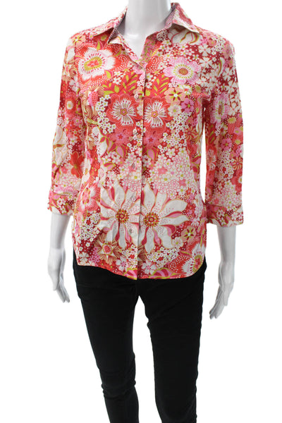 Robert Graham Womens Floral Cotton Collared Button Up 3/4 Sleeve Blouse Size S