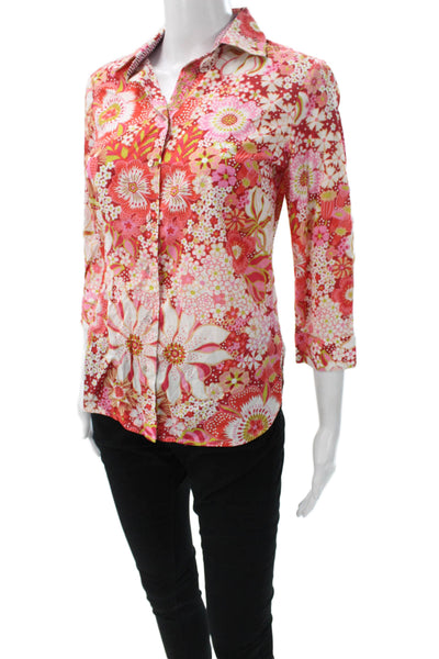 Robert Graham Womens Floral Cotton Collared Button Up 3/4 Sleeve Blouse Size S