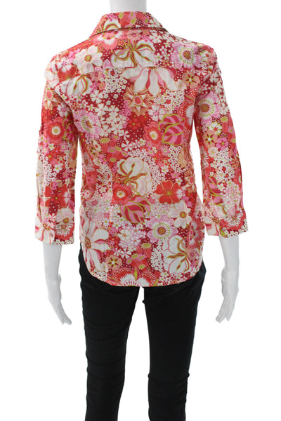 Robert Graham Womens Floral Cotton Collared Button Up 3/4 Sleeve Blouse Size S