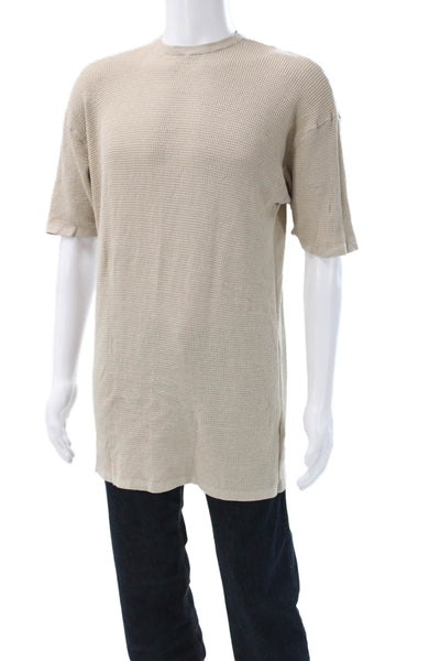 Designer Mens Basic Beige Cotton Crew Neck Short Sleeve T-Shirt Size M