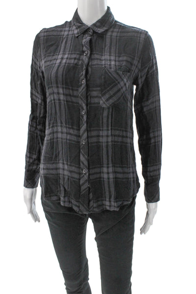 Rails Unisex Button Down Plaid Collared Long Sleeve Rayon Top Black Size XS