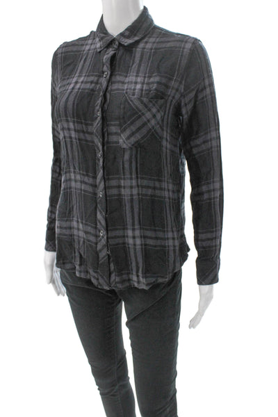 Rails Unisex Button Down Plaid Collared Long Sleeve Rayon Top Black Size XS