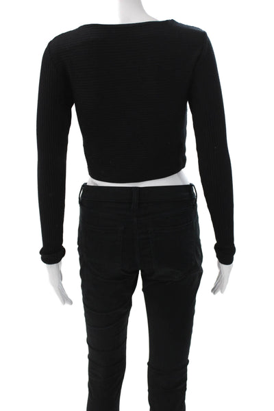 Club Monaco Womens Cropped Black Crewneck Long Sleeve T-Shirt Size XS