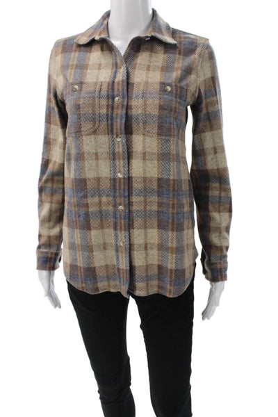 Faherty Women Beige Plaid Collared Button Down Long Sleeve Top Size XS