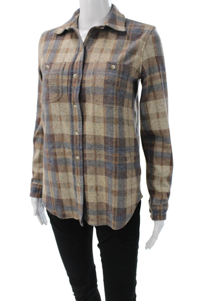 Faherty Women Beige Plaid Collared Button Down Long Sleeve Top Size XS