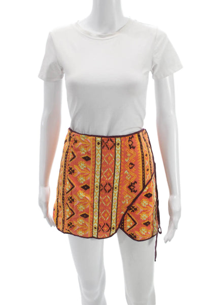 Free People Womens Wrap Skirt Orange Geometric Cotton Bohemian Short Size 4