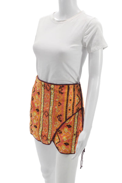 Free People Womens Wrap Skirt Orange Geometric Cotton Bohemian Short Size 4