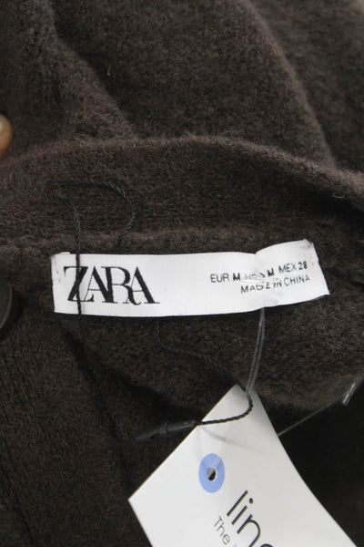Zara Women Brown V-Neck Cardigan Long Sleeve Solid Fall Size M