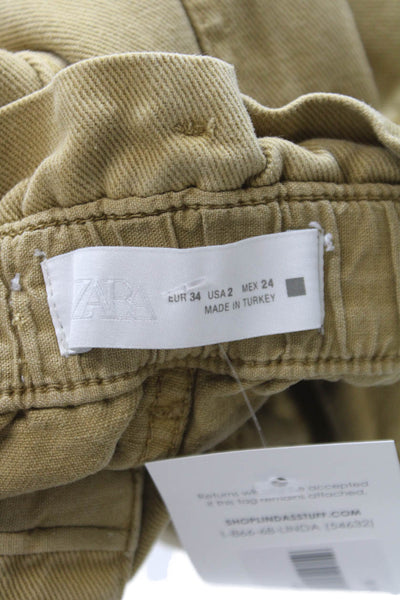Zara Womens Paperbag Shorts Beige Cotton Button Closure Size 2
