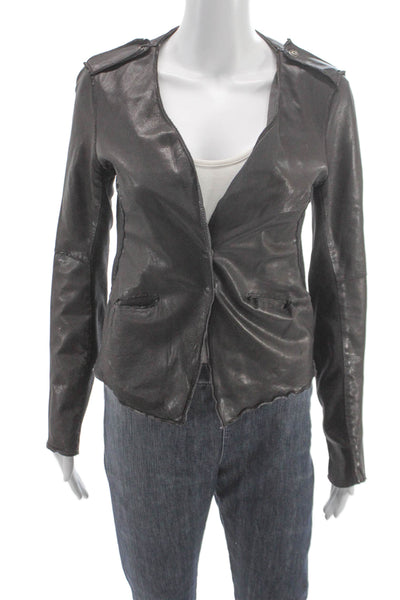 Transit Par Such Womens Basic Leather Snap Jacket Gray Long Sleeve Size 2