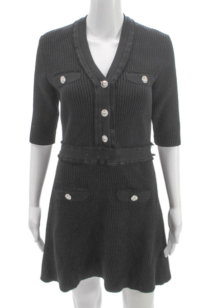 Maje Womens Sweater Dress Black V-Neck 3/4 Sleeve Viscose Size 40