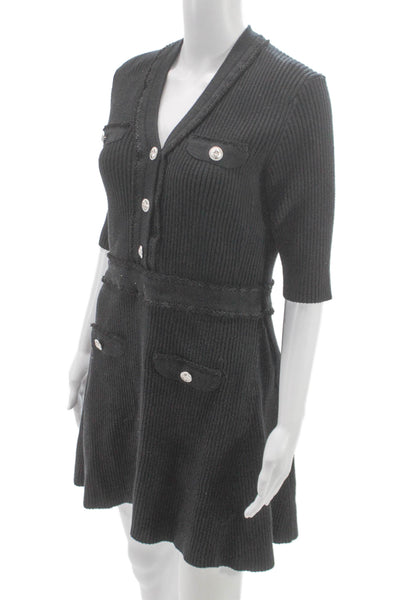 Maje Womens Sweater Dress Black V-Neck 3/4 Sleeve Viscose Size 40