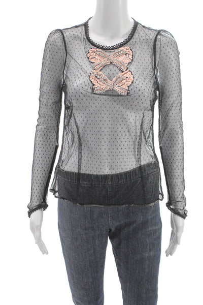 Manoush Women Blouse Black Polka Dot Nylon Long Sleeve Round Neck Size 40
