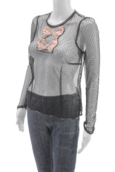 Manoush Women Blouse Black Polka Dot Nylon Long Sleeve Round Neck Size 40