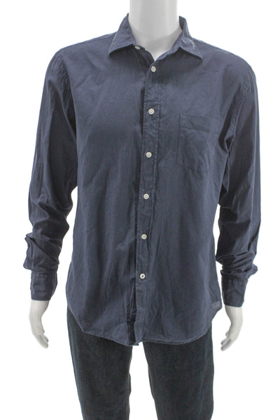 Hartford Mens Button Front Long Sleeve Collared Shirt Blue Cotton Size Large