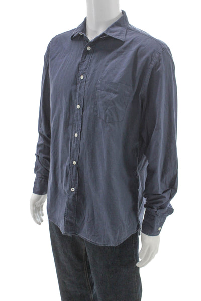 Hartford Mens Button Front Long Sleeve Collared Shirt Blue Cotton Size Large