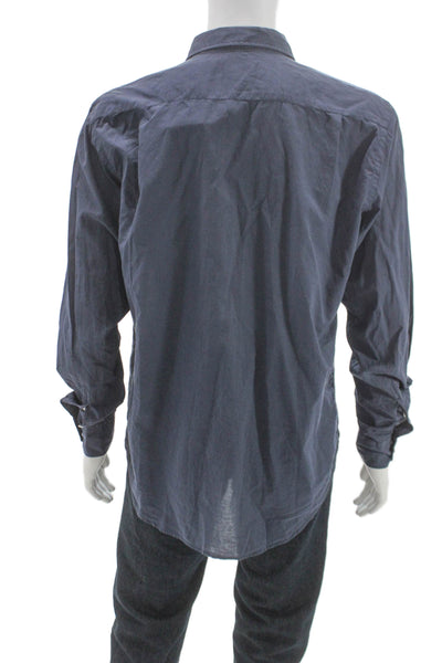 Hartford Mens Button Front Long Sleeve Collared Shirt Blue Cotton Size Large
